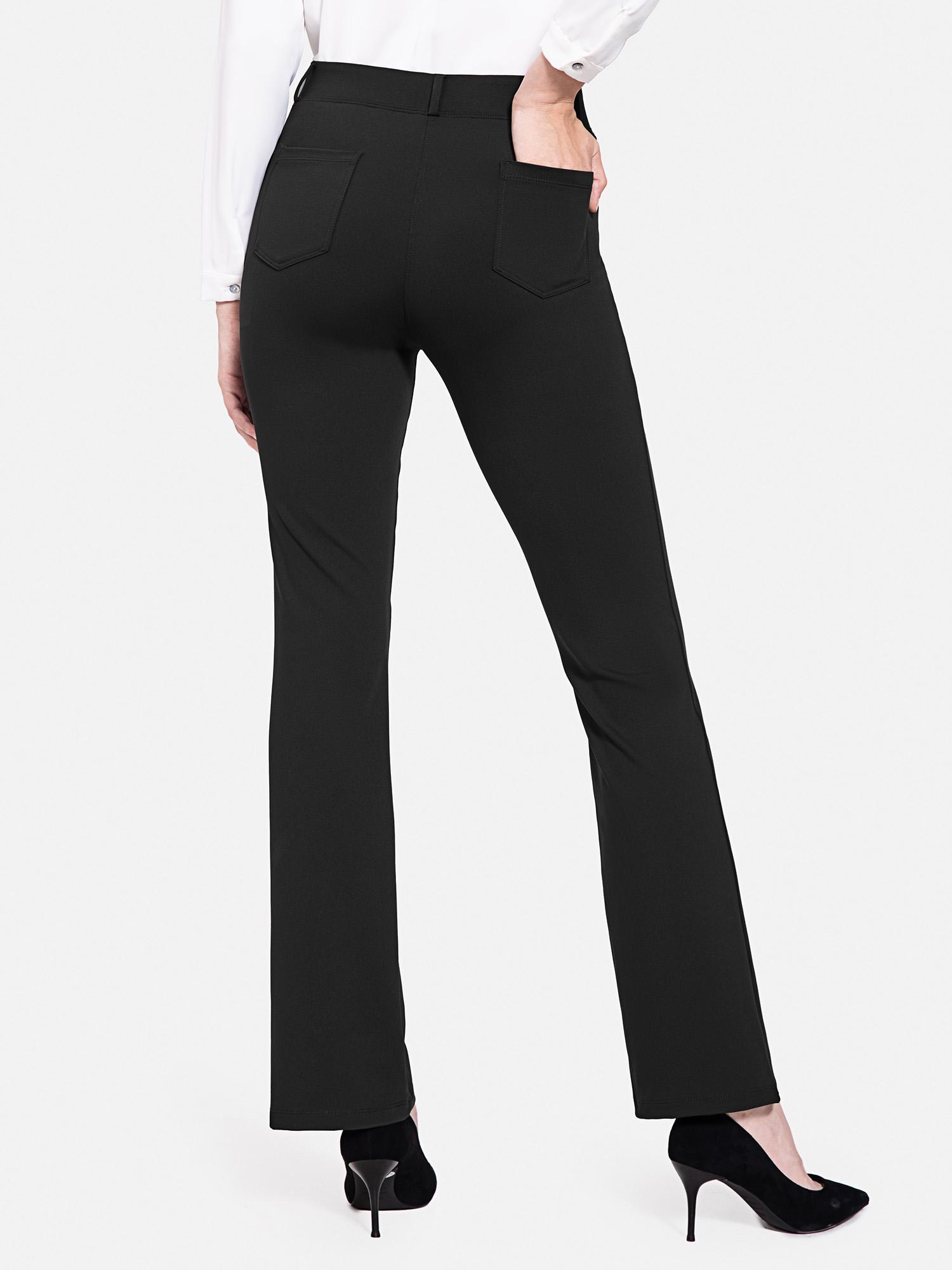 Black Yoga Micro Work Flared Pants, high waist, flared leg, back pockets. #color_Black