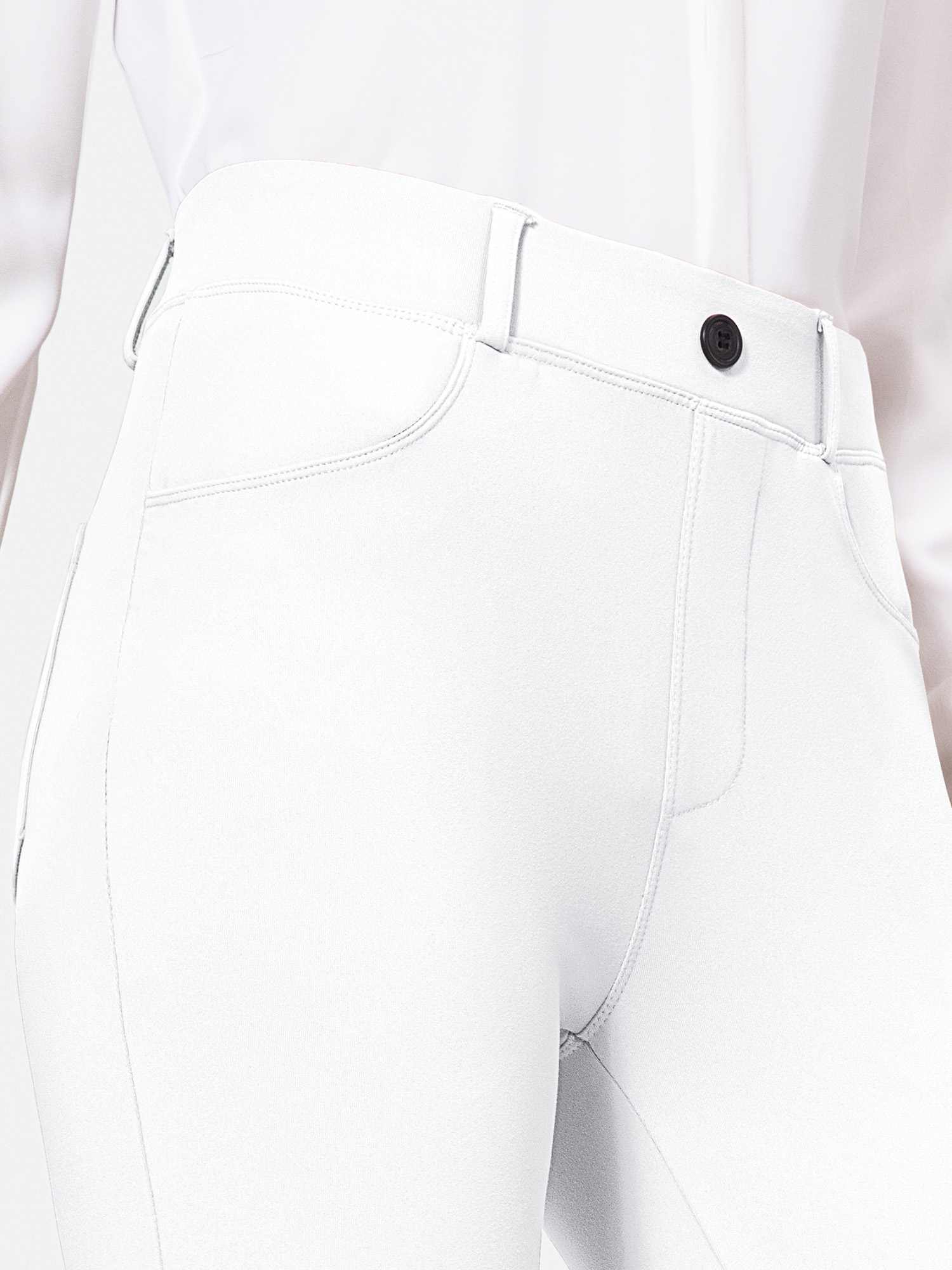 White flared yoga work pants with high waist, dark button, belt loops, and side pockets. #color_White