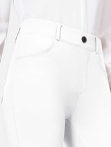 White flared yoga work pants with high waist, dark button, belt loops, and side pockets. #color_White