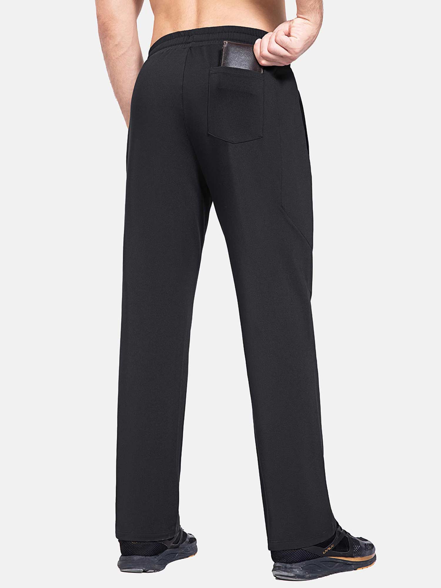 Back view of Baleaf men's black straight leg pants showing back pocket with wallet