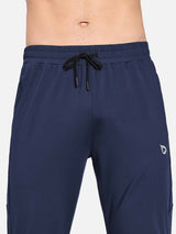 Men's navy fleece-lined water-resistant straight leg pants detail. #color_Navy Blue