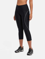 Women's black UPF 50+ high-waisted cycling capris with reflective details and athletic shoes. #color_Gray