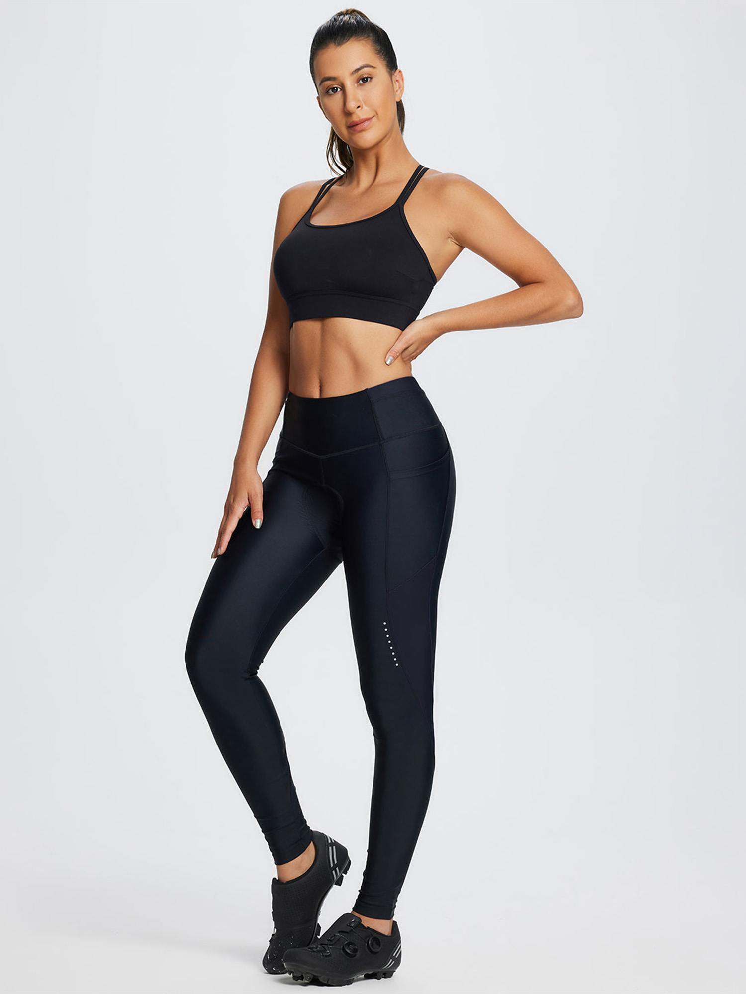 Black women's padded cycling tights with side pockets and reflective elements. #color_Black