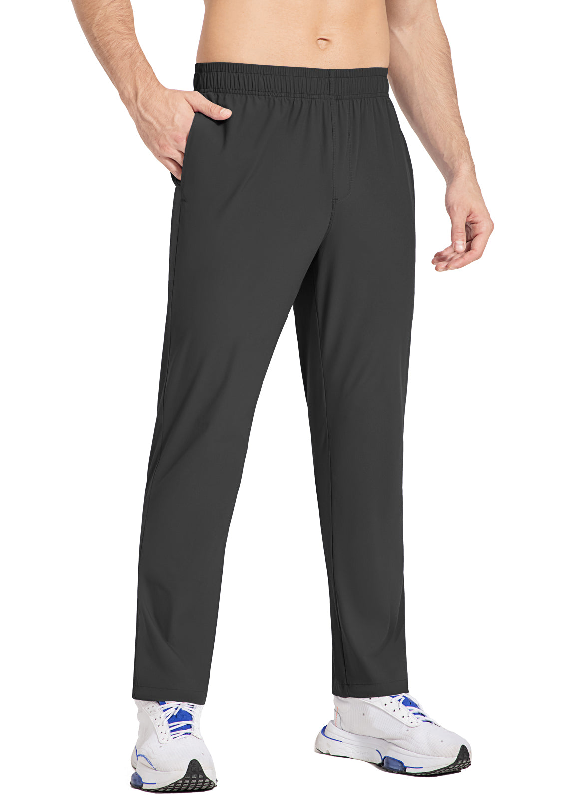 Men's dark grey elastic-waist running pants with side pockets, lightweight nylon. #color_Black