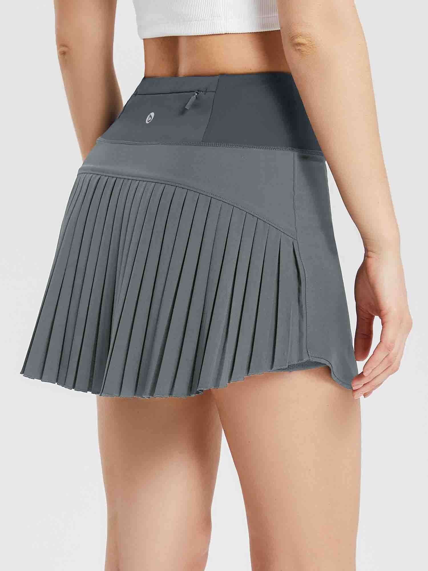 Grey women's high-waisted athletic pleated running skirt with zippered pocket. #color_Lavender Gray