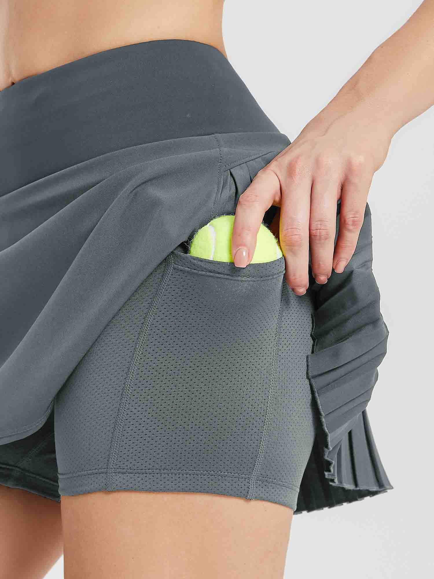 Women's high-waisted grey pleated running skirt with tennis ball pocket #color_Lavender Gray