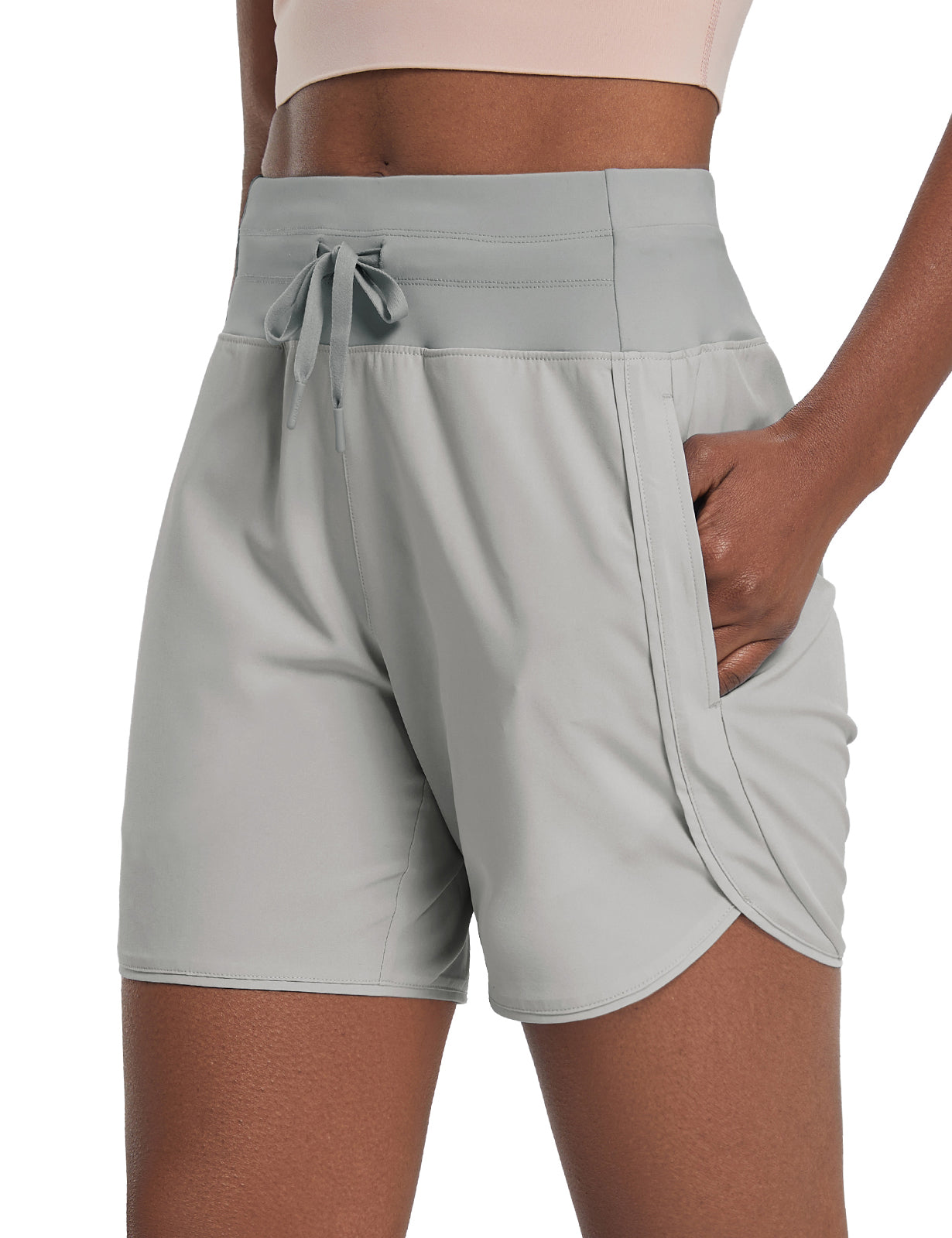Light grey women's 5-inch high-waisted quick-dry running shorts with drawstring. #color_Light Gray