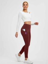Burgundy fleece-lined 25-inch yoga leggings with high waist and pockets. #color_Wine Red