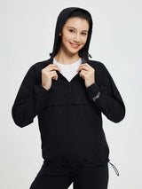Black Baleaf women's packable 1/4 zip windbreaker jacket with hood #color_Black
