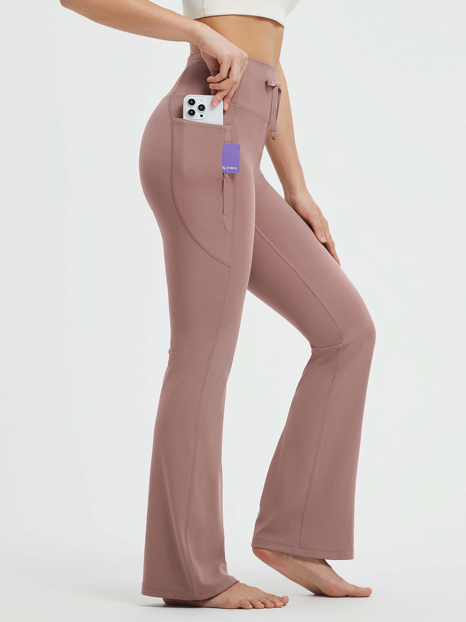 All-season high-waist drawstring flare yoga pants in dusty rose with pockets #Color_Brown