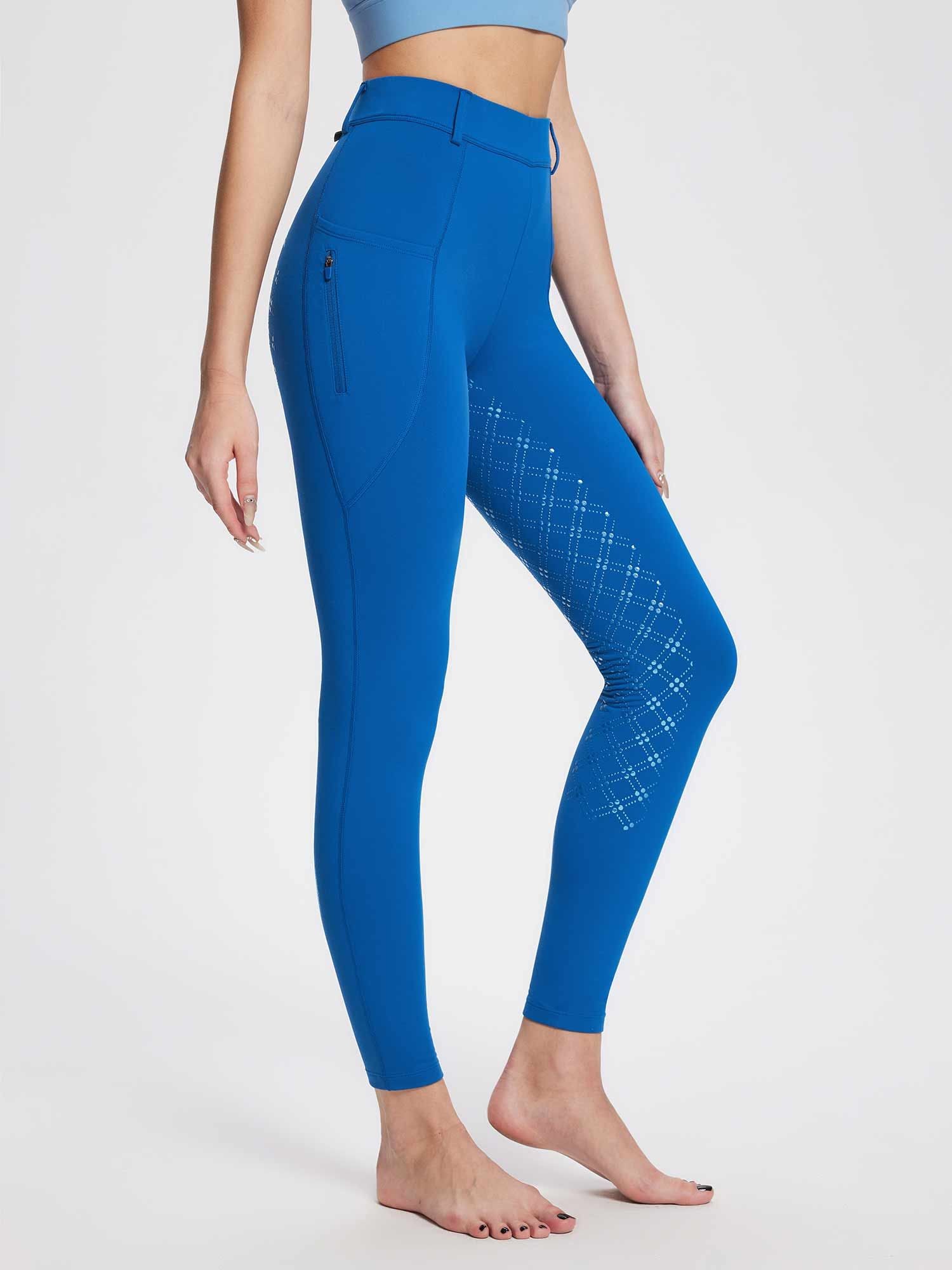Women's blue fleece equestrian breeches with full seat silicone grip and zippered pocket. #color_Quartz Blue