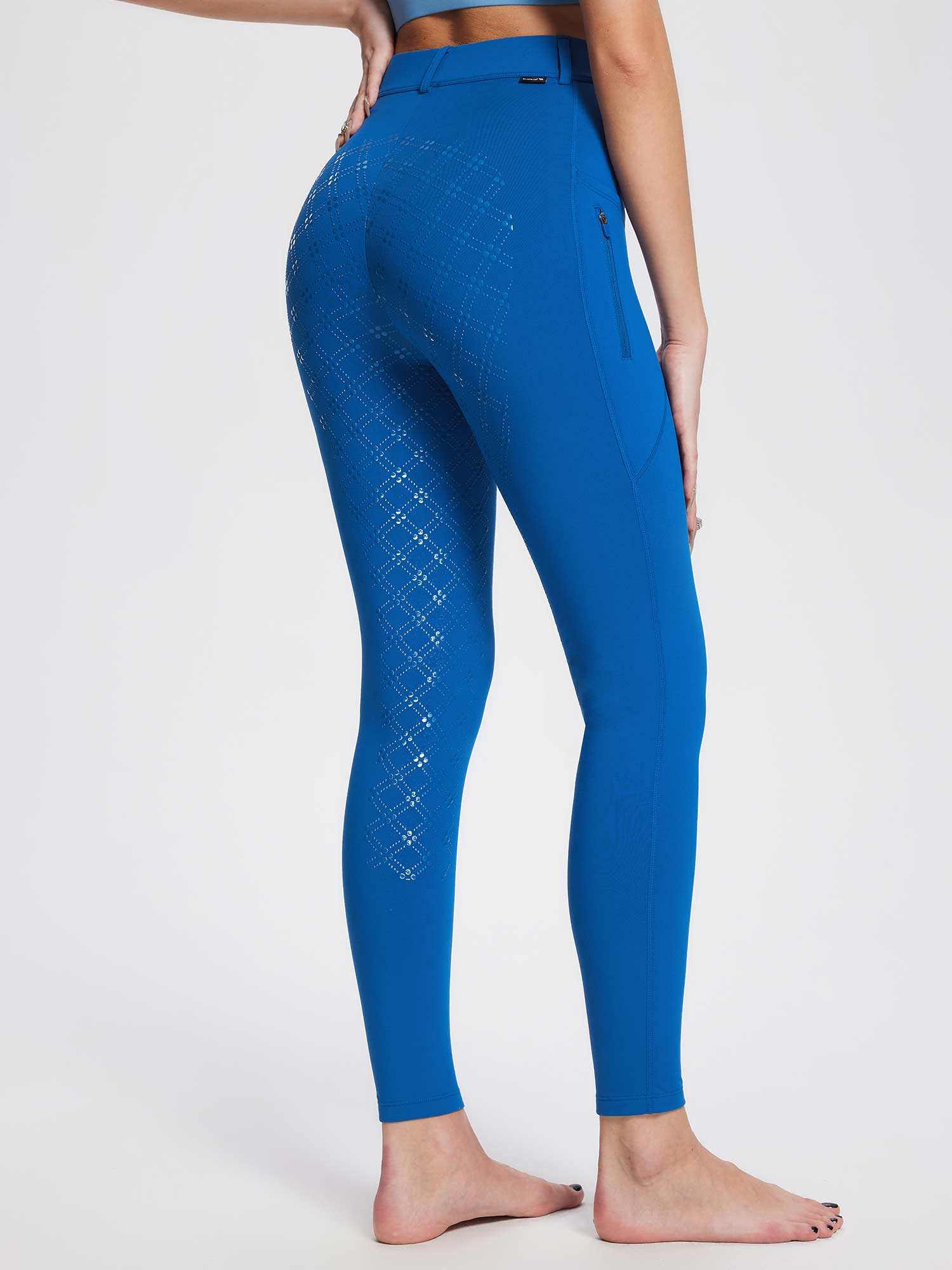 Blue women's fleece equestrian breeches with diamond silicone full seat grip and zip pocket. #color_Quartz Blue