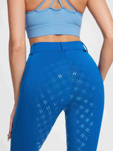 Blue women's fleece equestrian breeches with patterned full seat silicone grip. #color_Quartz Blue