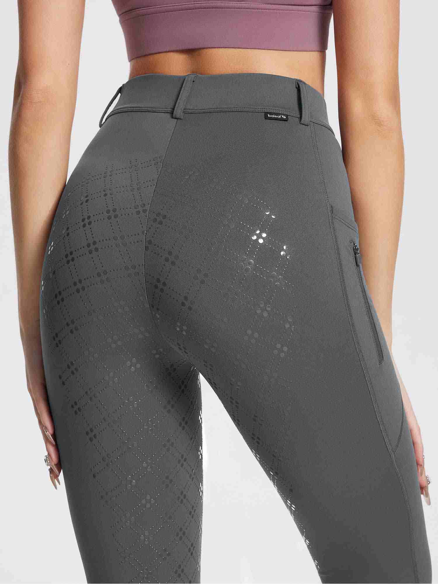 Women's grey fleece equestrian breeches with full seat silicone grip and side zip pocket. #color_Gray
