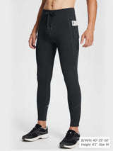 Men's black fleece lined winter running tights with drawstring waist, side pocket and ankle zippers.