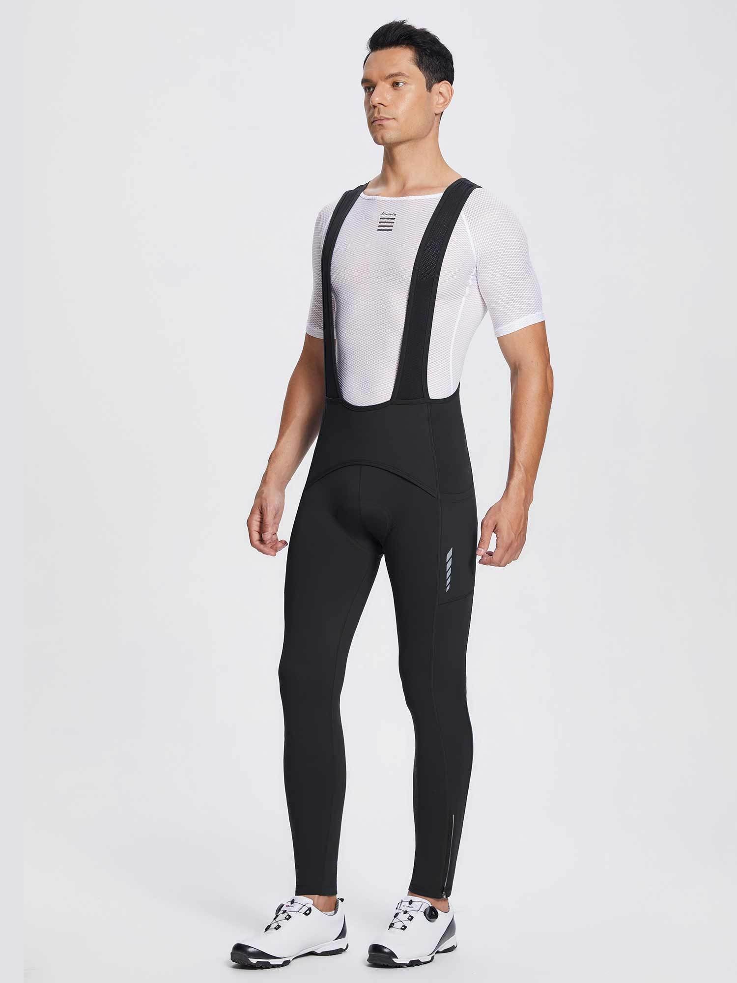Men's black fleece cycling bib tights featuring reflective accents for winter riding. #color_Black