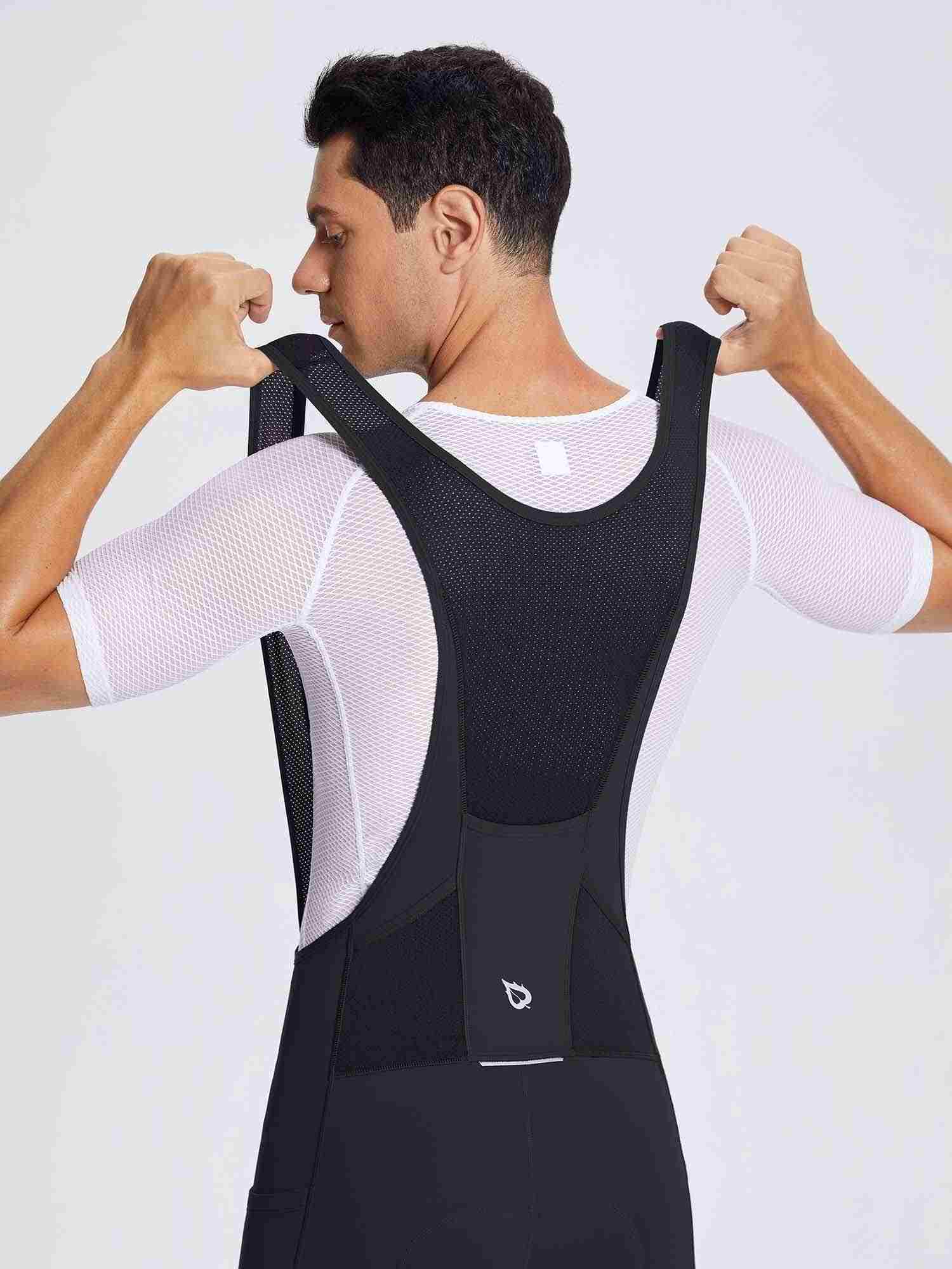 Men's black fleece bib cycling tights featuring a mesh back bib and adjustable straps. #color_Black