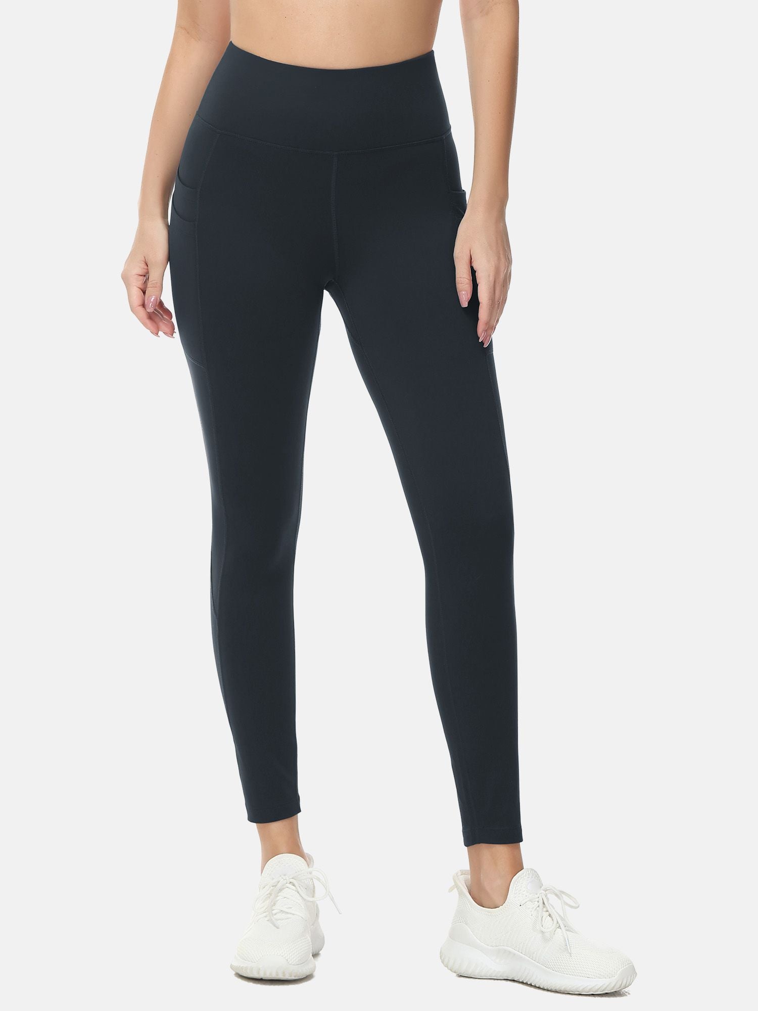 Dark fleece-lined water-resistant running leggings with high waist & pockets #color_Black