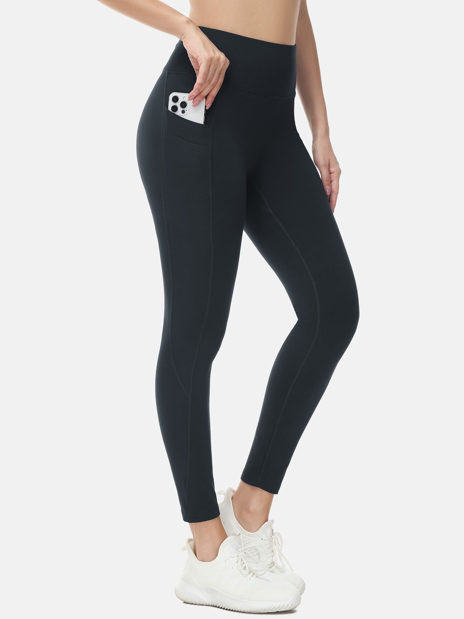Black fleece-lined, water-resistant running leggings with phone pocket #color_Black