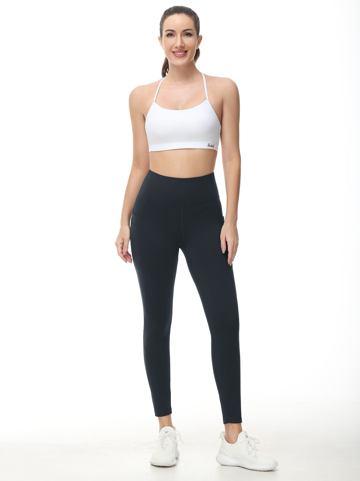 Black fleece-lined water-resistant running leggings, high waist, pockets #color_Black