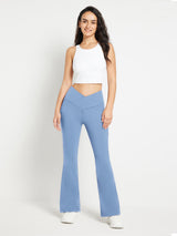 Blue crossover waist fleece yoga flare pants with pockets #color_Light Blue