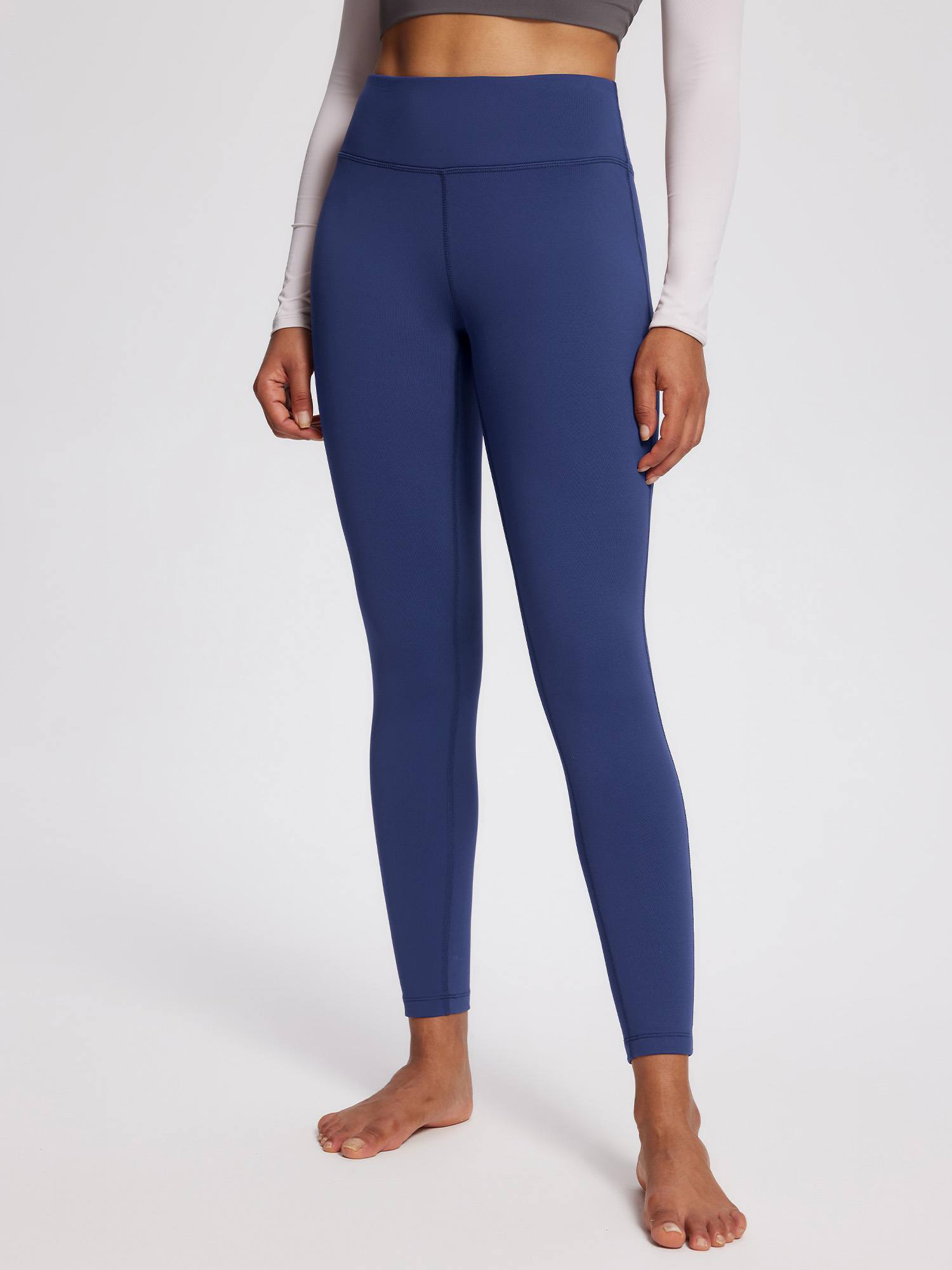 Women's petite dark blue fleece-lined yoga leggings with high waistband. #color_Navy Blue