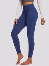 Women's petite navy fleece-lined yoga leggings with high waistband and 7/8 ankle length. #color_Navy Blue