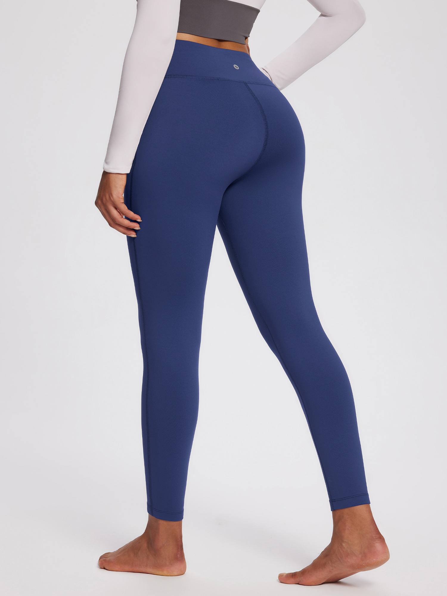 Navy blue fleece-lined yoga leggings for women, high waist, petite fit.