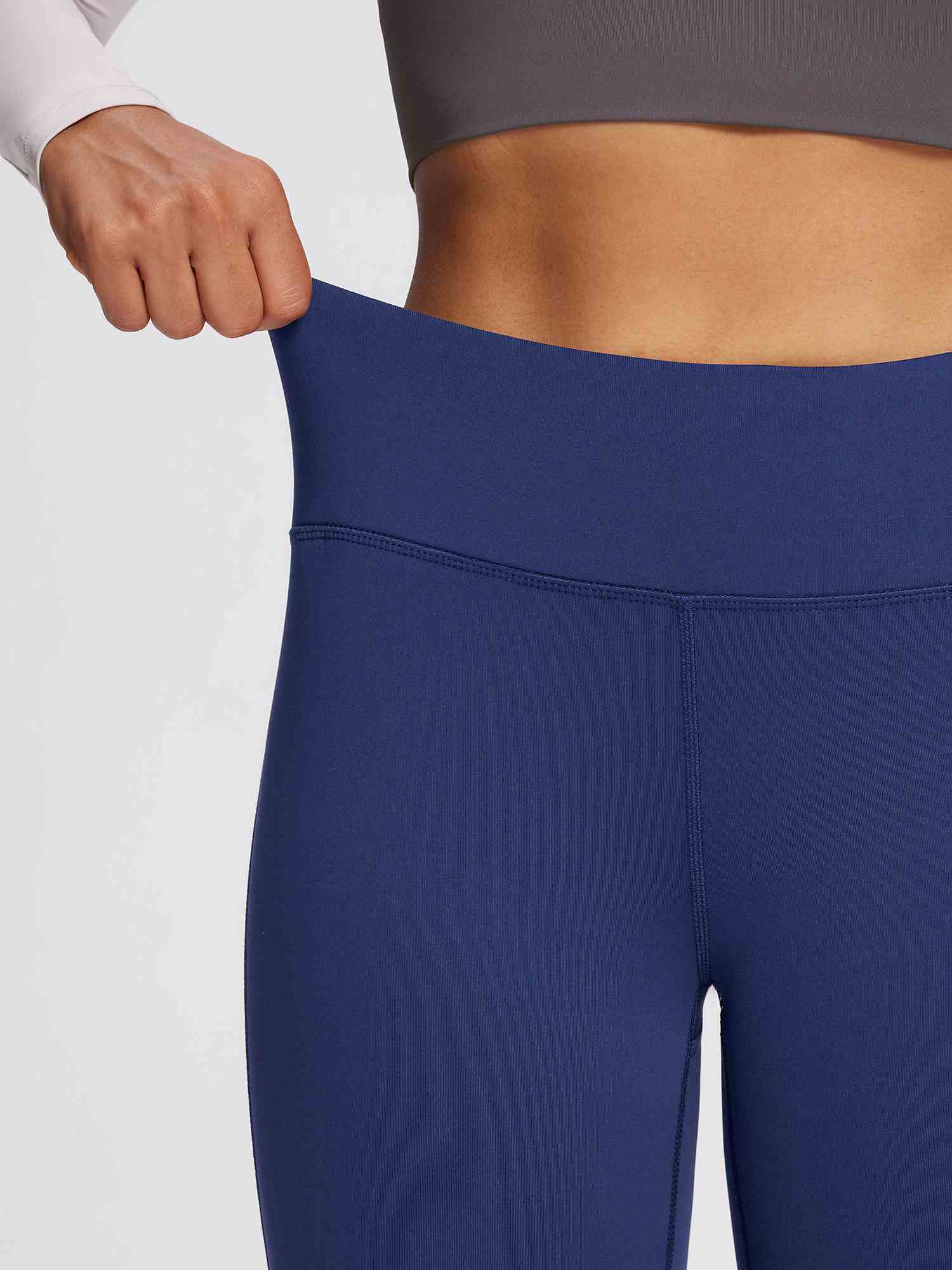 Women's petite navy fleece-lined yoga leggings high waistband stretch #color_Navy Blue