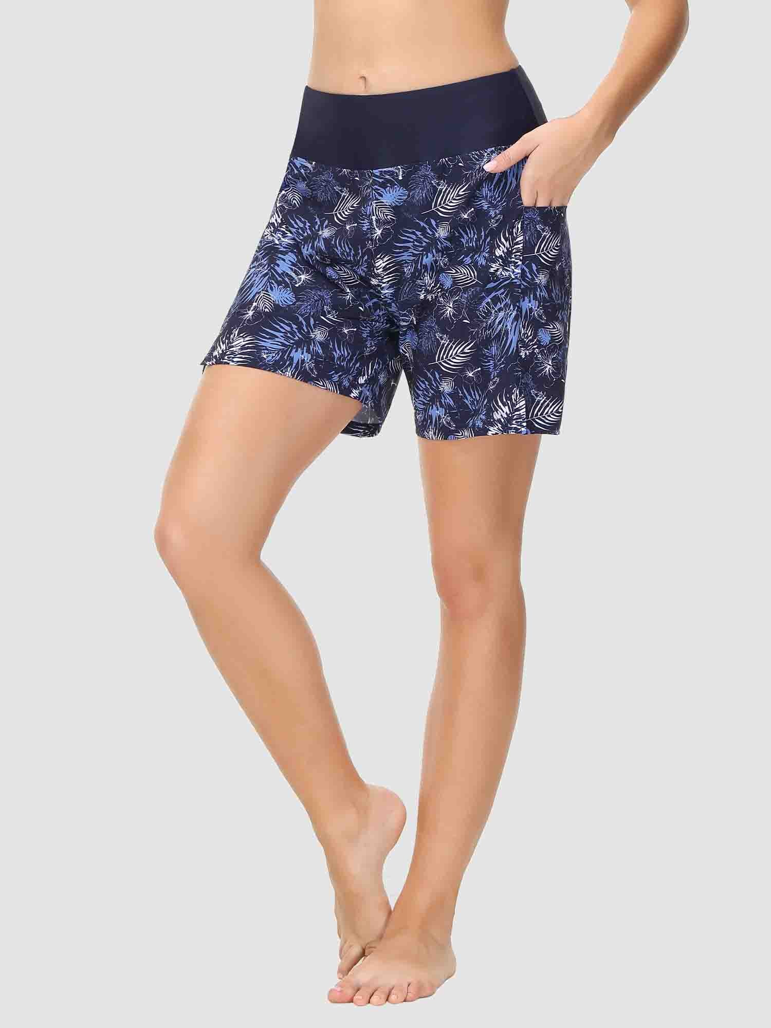 Women's 5-inch swim board shorts with tropical print and pockets. #color_Print 2
