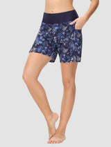 Women's 5-inch swim board shorts with tropical print and pockets. #color_Print 2