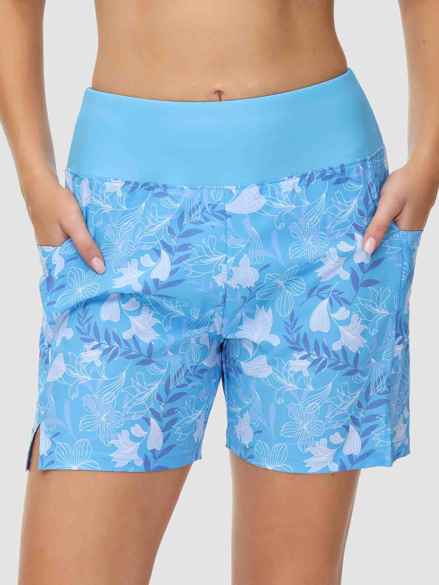 Women's blue floral 5" quick-dry swim board shorts with high waist and pockets. #color_Print 3