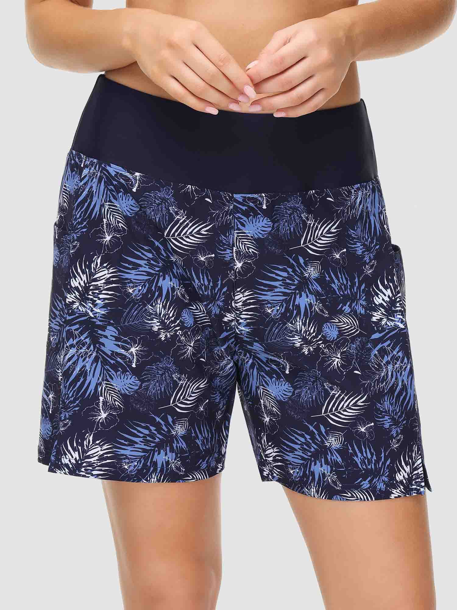 Women's printed quick-dry swim shorts, 5" inseam, navy tropical pattern.#color_Print 2