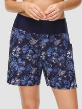 Women's printed quick-dry swim shorts, 5" inseam, navy tropical pattern.#color_Print 2