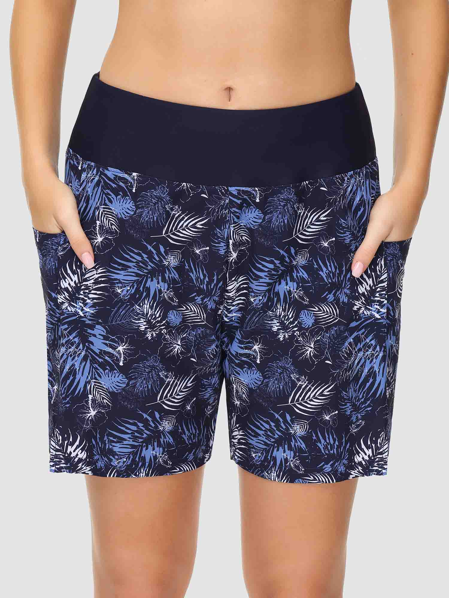 Women's navy quick-dry board shorts, 5" inseam, blue tropical floral print & high waist. #color_Print 2