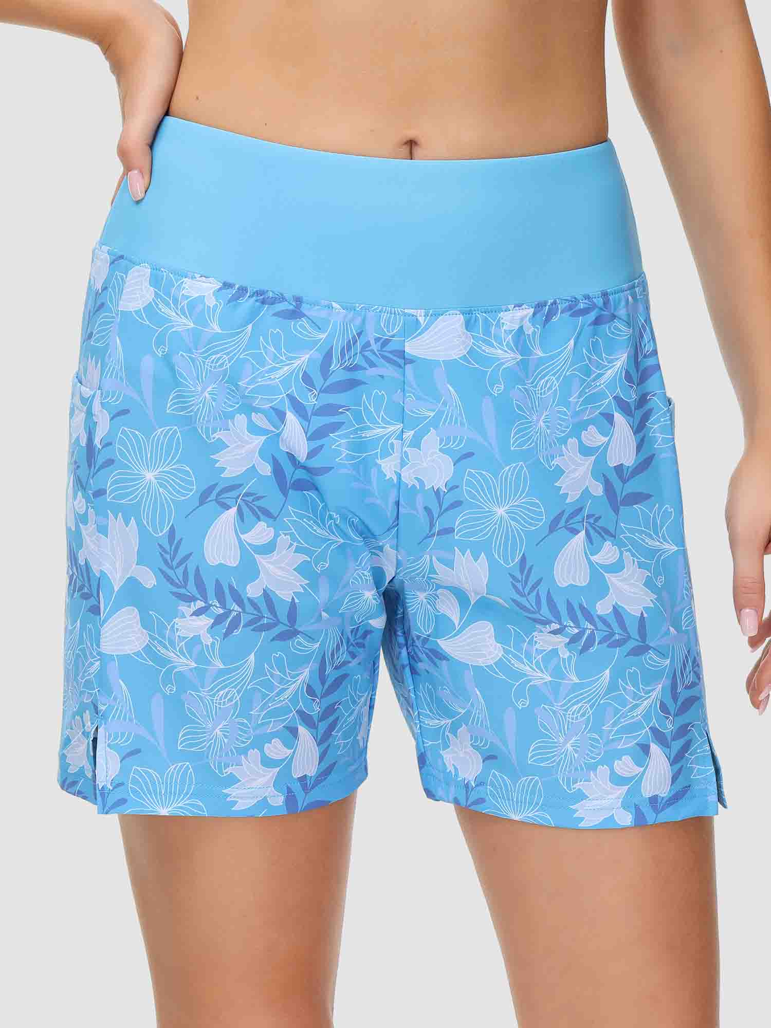 Women's blue floral print 5" inseam quick-dry swim board shorts with high waistband. #color_Print 3