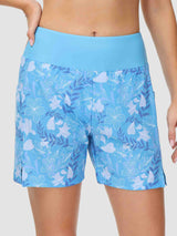 Women's blue floral print 5" inseam quick-dry swim board shorts with high waistband. #color_Print 3