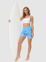 Women's quick-dry swim board shorts in blue with white floral print, 5-inch inseam. #color_Print 3