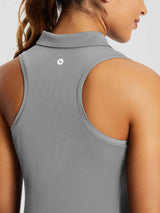 Light grey women's sleeveless golf polo shirt with racerback design and logo. #color_Light Gray