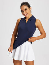 Navy blue women's sleeveless golf polo shirt with 1/4 zipper collar. #color_Navy Blue