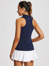 Women's navy sleeveless golf polo shirt with racerback detail. #color_Navy Blue