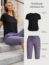 Trail-Ready Adventure Set: Black UPF tee & purple UPF 50+ pocketed capris.