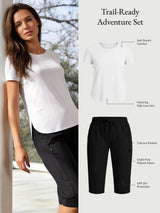 Women's Trail-Ready Adventure Set: white UPF 50+ tee, black pocketed capris for hiking.