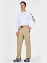 Man wearing tan UPF 50+ quick-dry hiking cargo pants with a white long-sleeve shirt. #color_Brown
