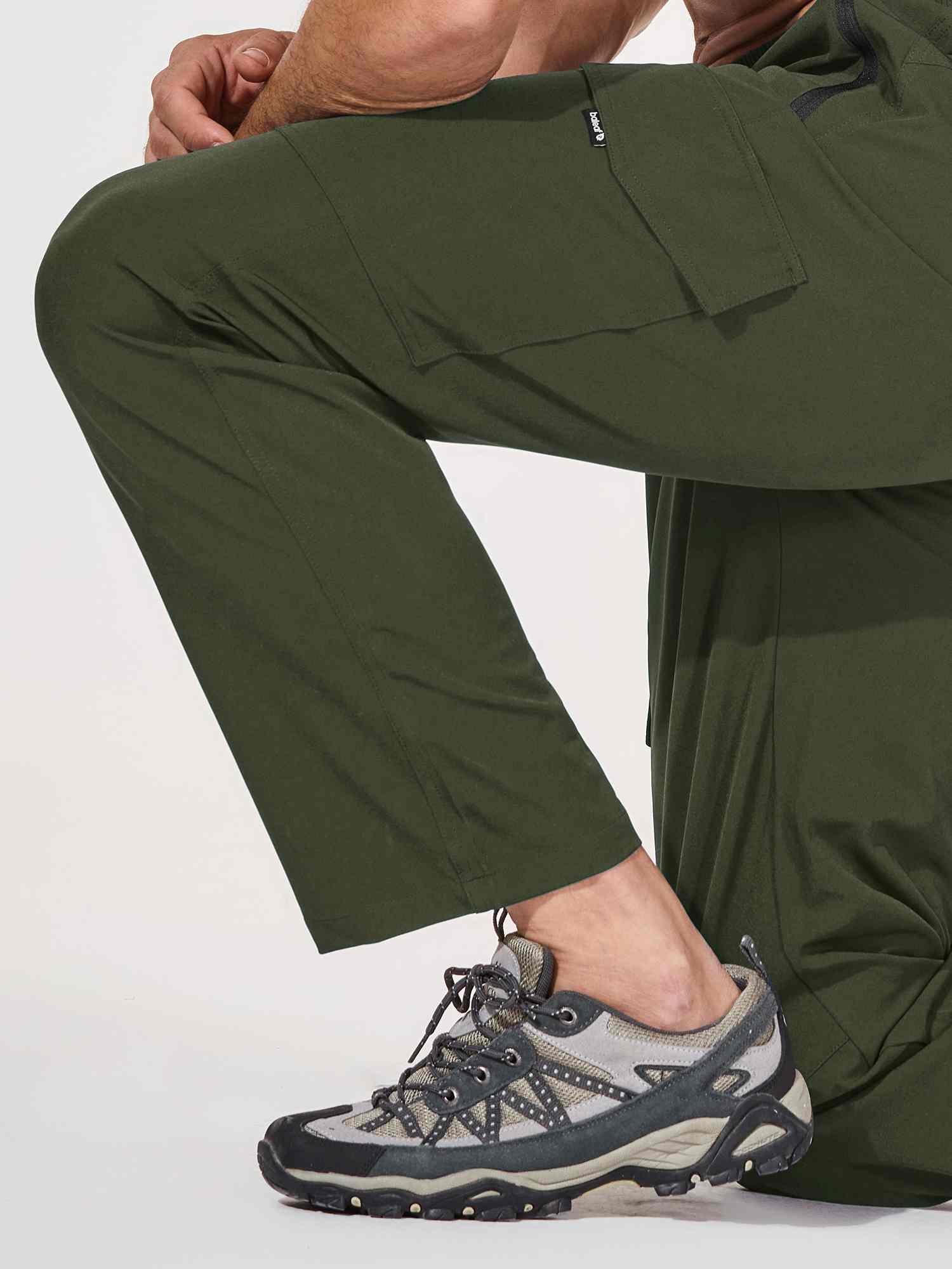 Men's olive green UPF 50+ quick-dry hiking cargo pants with zippered pockets. #color_Army Green