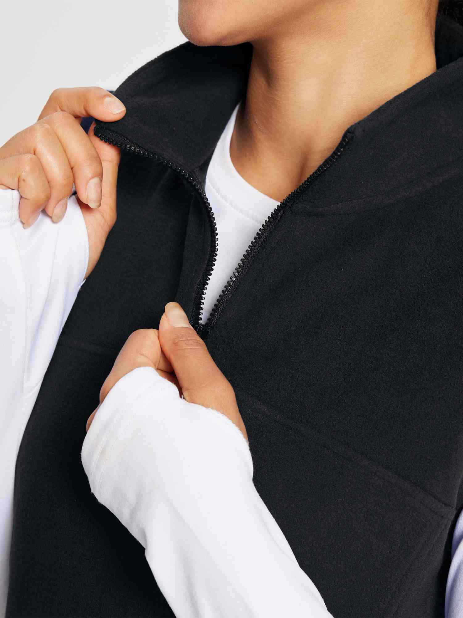 Black sleeveless fleece thermal dress with quarter-zip and high neck #color_Black
