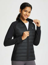 Women's black quilted outdoor jacket with water-resistant front, stretch sleeves, and stand collar. #color_Black