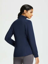 Navy blue women's quilted outdoor jacket with stand collar