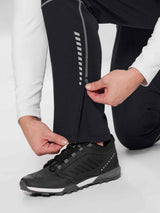 Black fleece mountain pants featuring adjustable zippered ankle cuffs and reflective side strips. #color_Gray