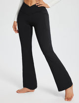 Black Laureate Women's 29" Crossover High-Waisted Flare Yoga Pants with pockets. #color_Black